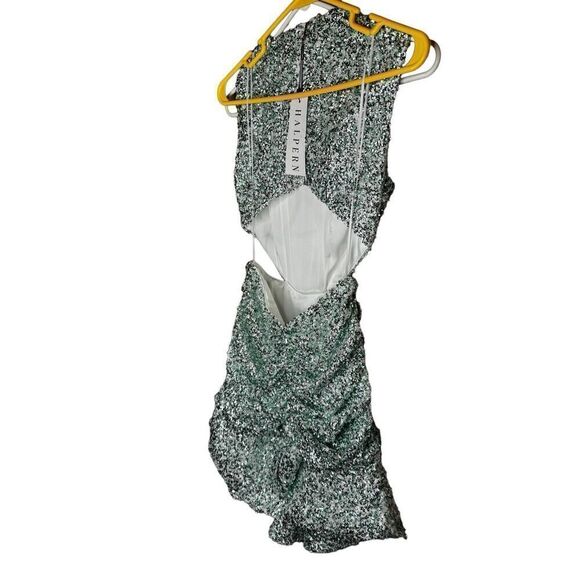 NWT Halpern cupped sequin high collared cut out dress aqua lace size 34/US 2 - Picture 9 of 14